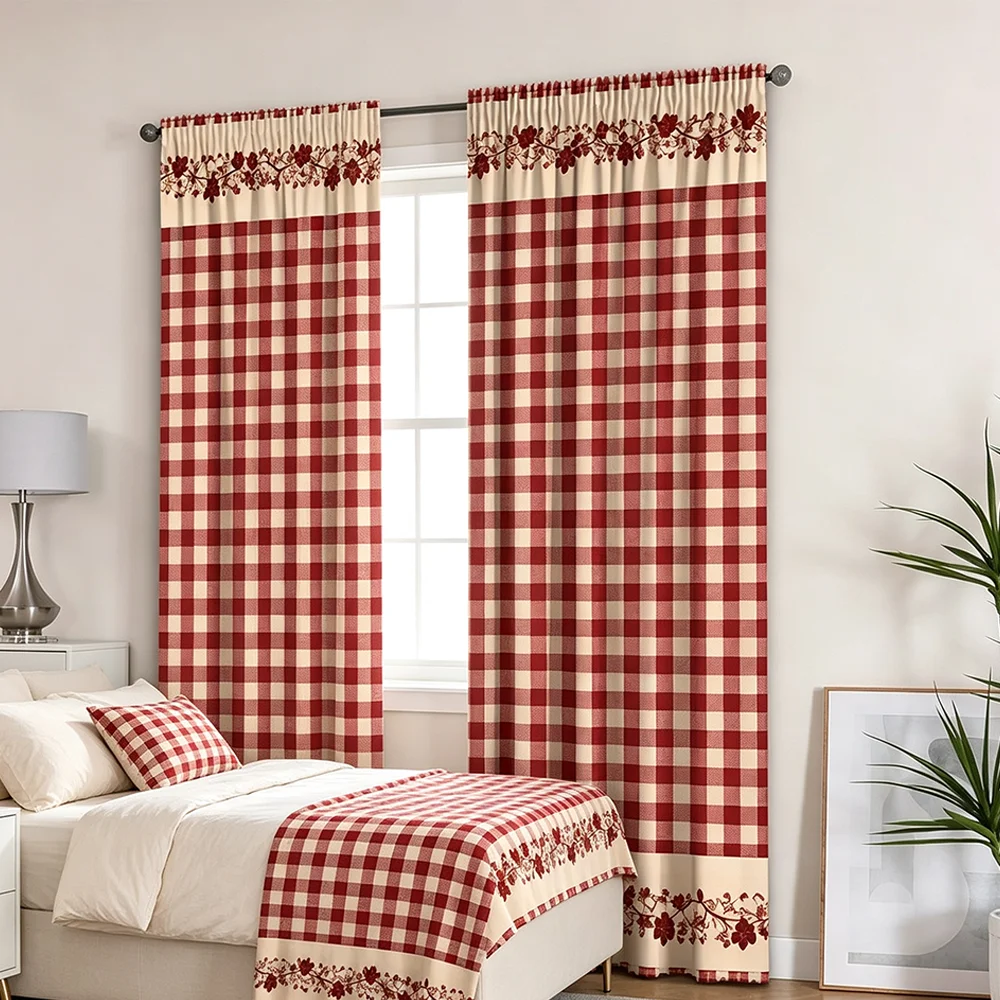 Red White Gingham Floral Vine Curtains, Rod Pocket, Polyester, Home Decor, Bedroom Living Room, Farmhouse Style Decor, Polyester