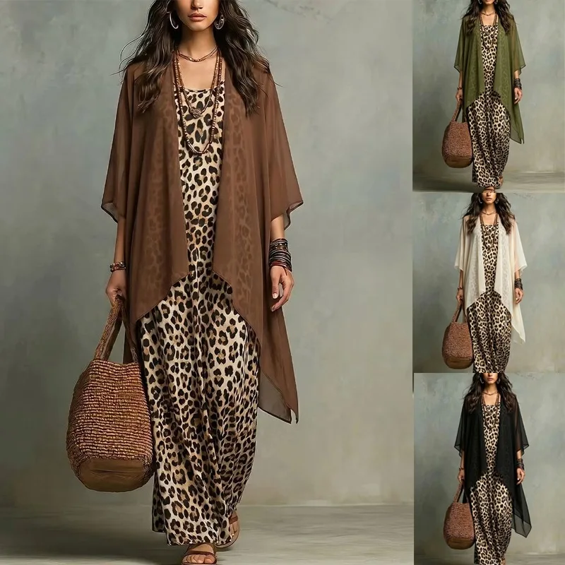 Women Dresses 2026 New Spring autumn leopard print halter dress+solid color cardigan two-piece suits women's clothing vestidoes
