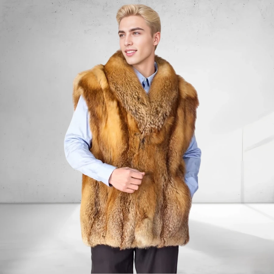 

Men's Fur Coat Natural Red Fox Fur Gilet Winter Fashion Warm Waistcoat Jacket