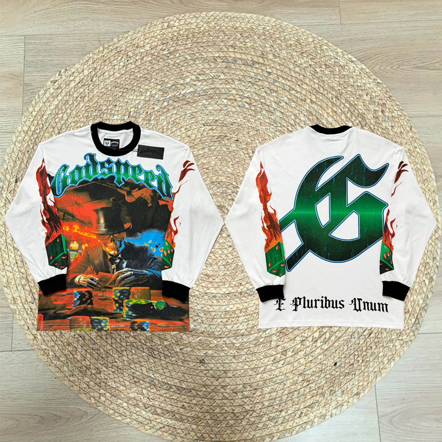 Heavyweight American Retro Magic Print Washed Long Sleeve Street Hip Hop Loose round Neck T-Shirt Trendy Men's Fashion