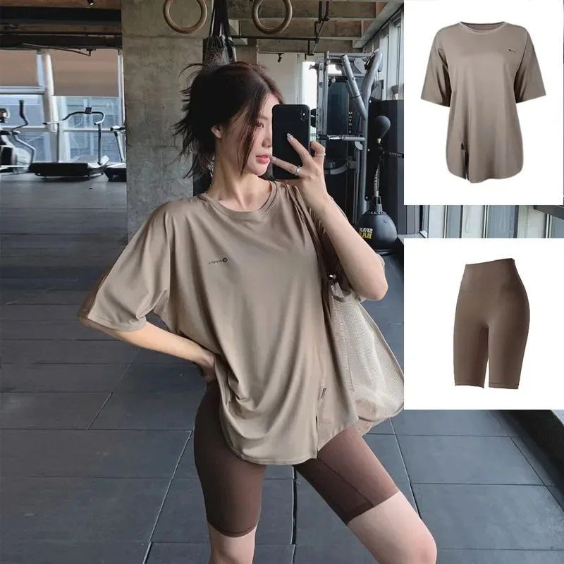 Yoga Suit Summer Short-sleeved Loose Medium and Long Hip-covering Outdoor Sports Running Suit