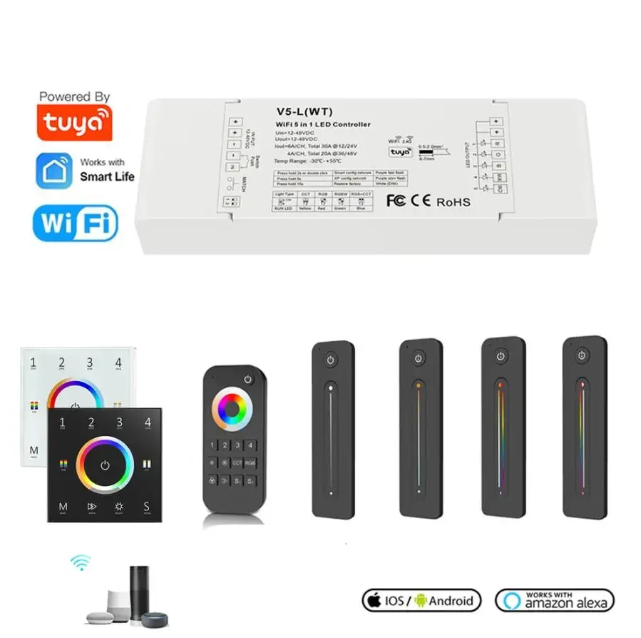 

Skydance 5 in1 LED strip Controller WIFI Tu'ya Push Dim RGB,RGBW,RGBCCT,CCT,single color APP Echo Plus Voice Control