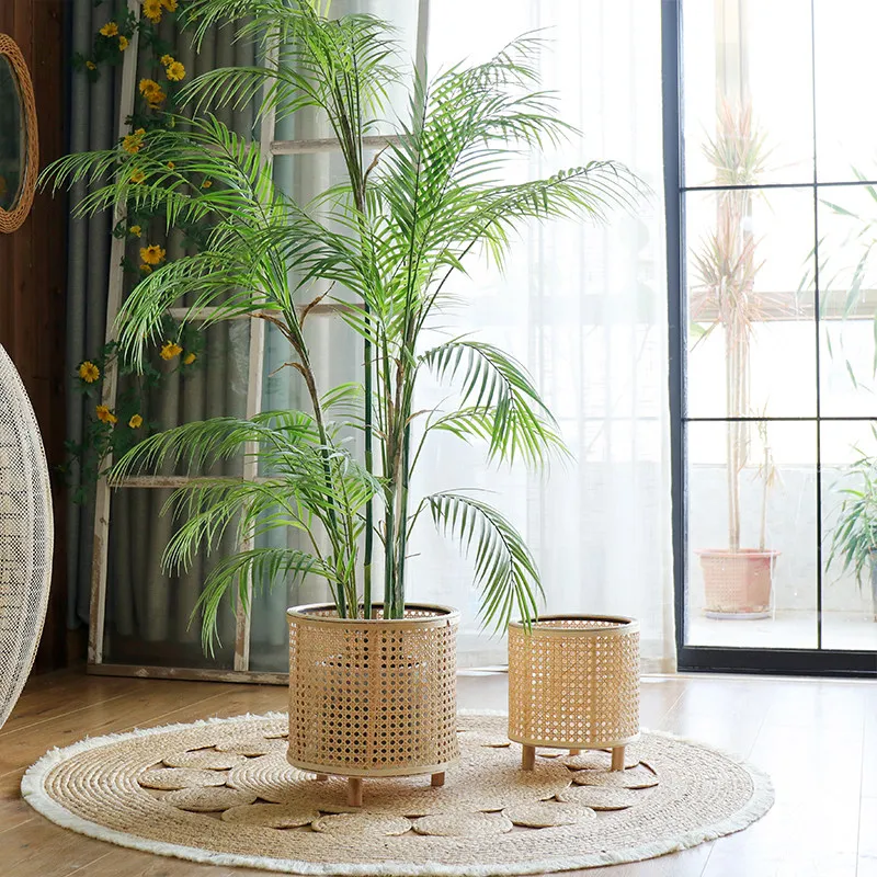 Handwoven Rattan Plant Basket, Natural Bamboo Flower Pot Cover, Tall Floor Planter Stand for Indoor Plants, Boho Home Decor