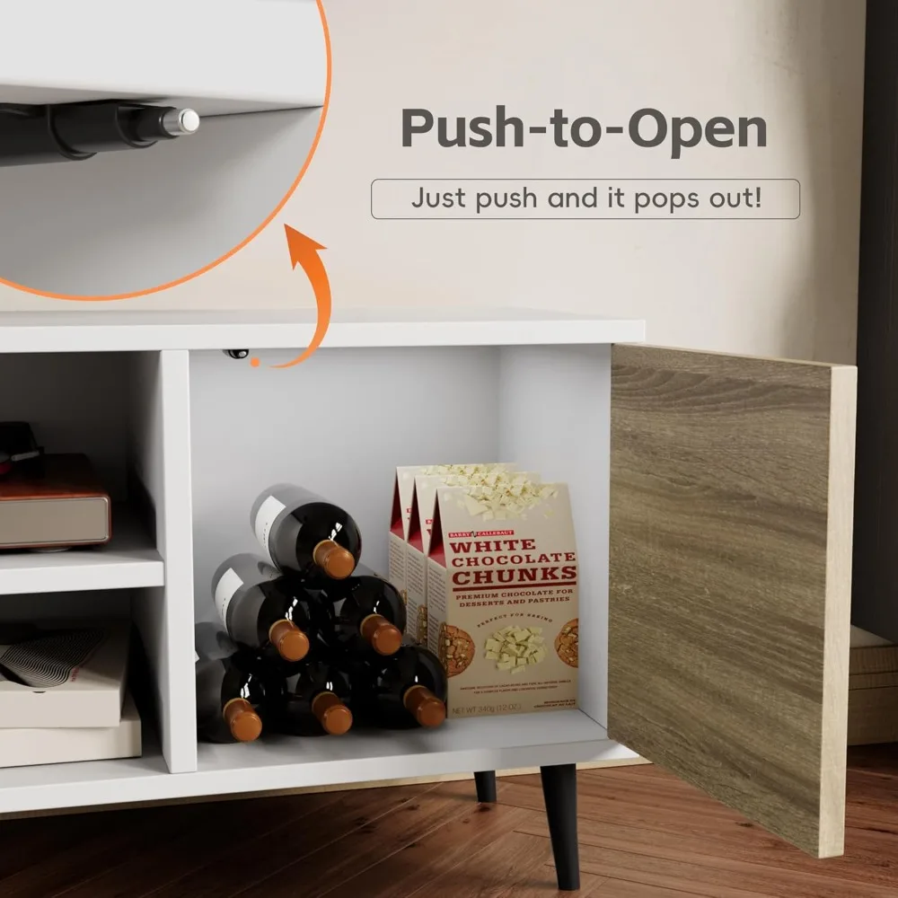 حامل تلفزيون حديث لمركز الترفيه التلفزيوني القديم مقاس 65 بوصة مع خزائن تخزين ووحدة تحكم الوسائط ذات أرفف مفتوحة