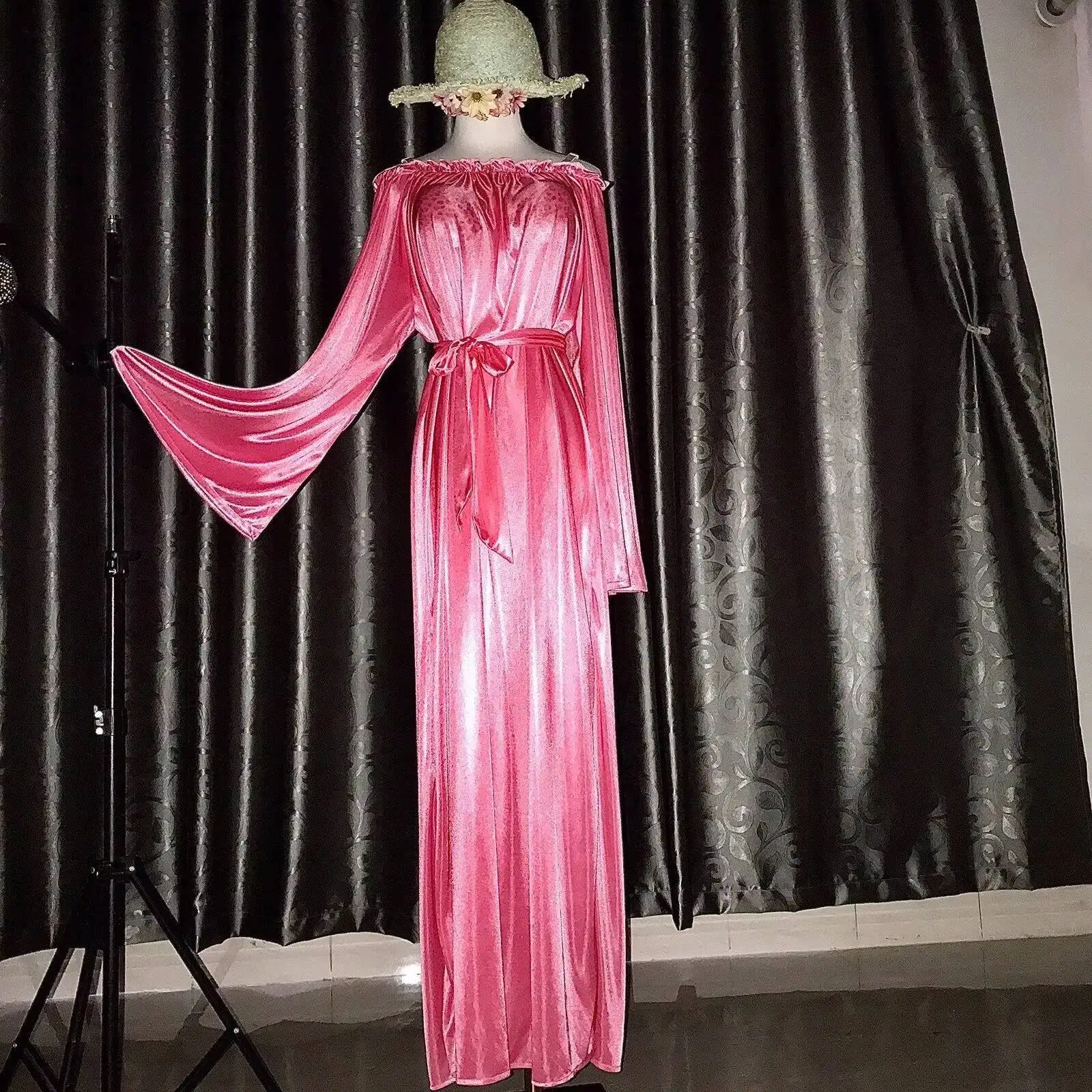 글로시 여성용 러플 새틴 긴 소매 드레스 루즈 맥시 드레스 플러스 사이즈 잠옷 로브