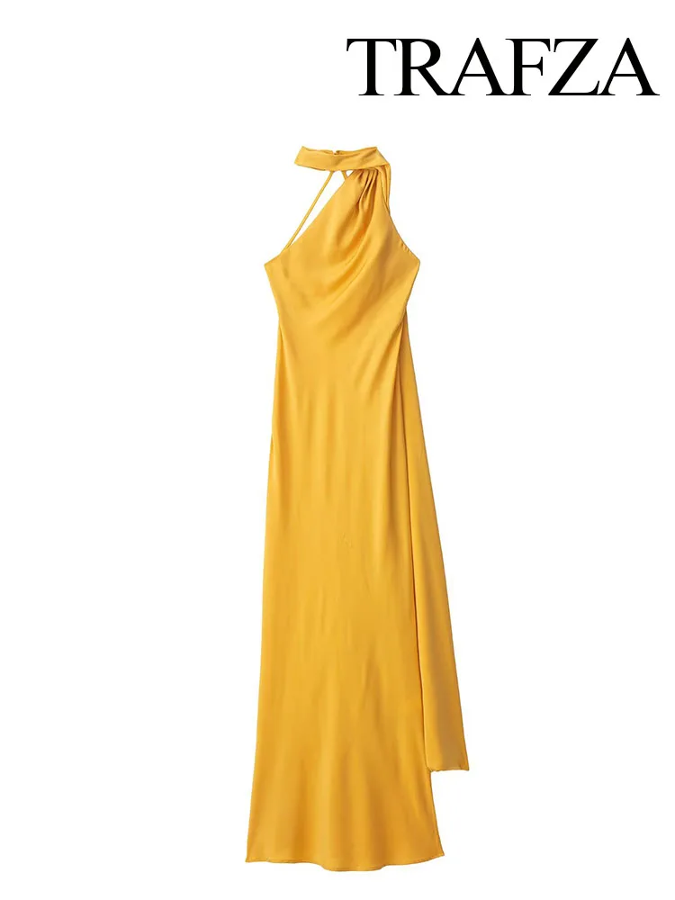 

TRAFZA Woman's New Fashion Dresses Solid Asymmetric Collar Sleeveless Backless Button Female Summer Elegant Chic Long Dress