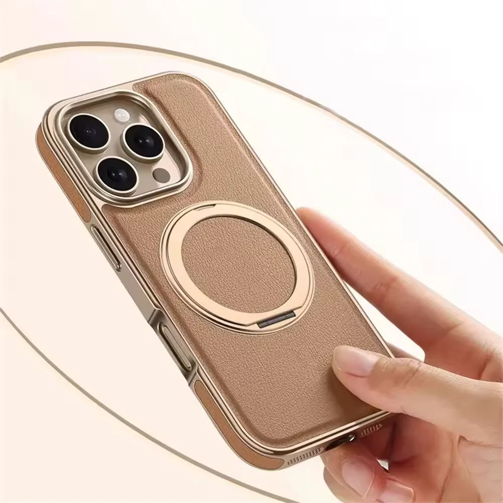 

Business Plating Frame 360 Alloy Stand Holder Leather Magnetic Case For iPhone 16 15 14 13 Pro Max Shockproof Cover For Magsafe