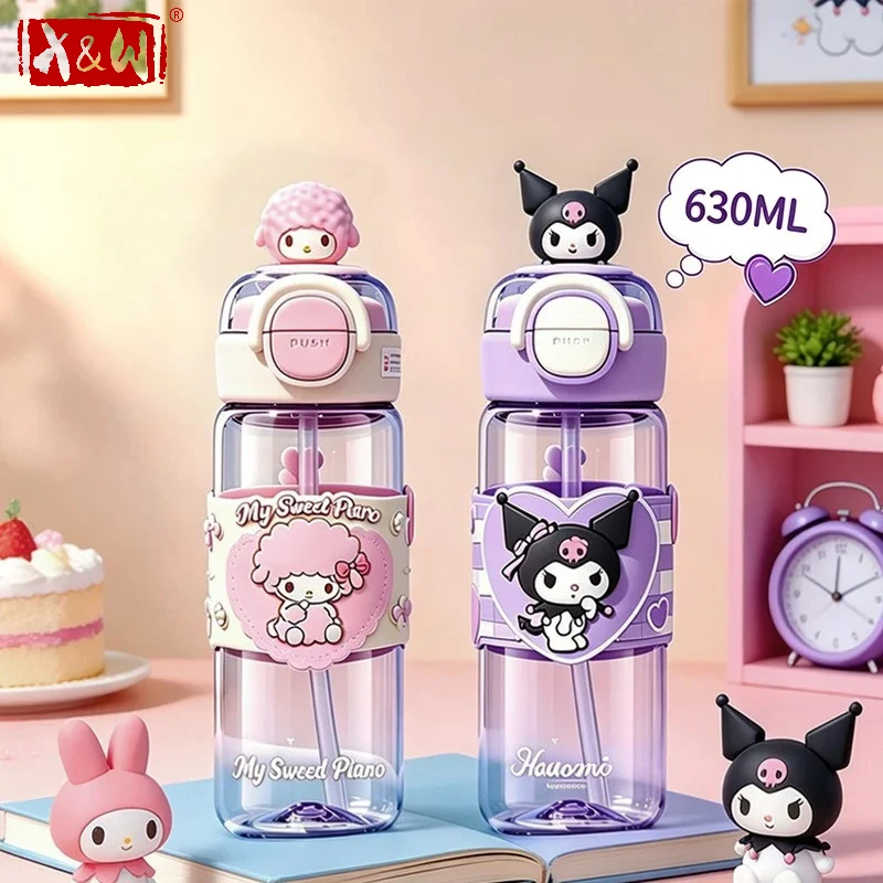 X&W Sanrio 630ml Kids Plastic Water Bottle My Melody Kuromi Dual Drinking Straw Cup Summer Outdoor Travel Camping Cold Drink Cup