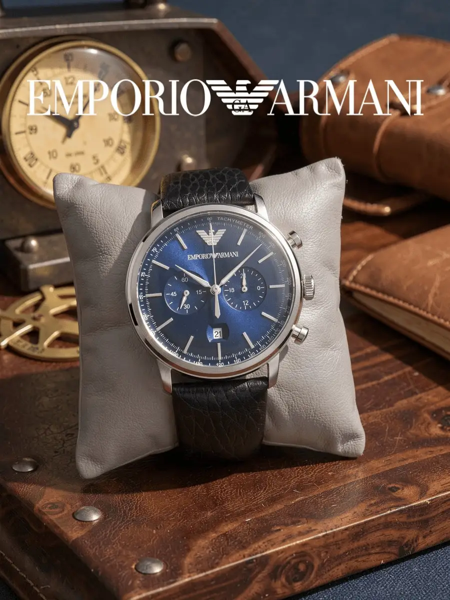 Emporio Armani AR11105 Aviator Series Chronograph Watch 43mm Silver Steel Blue Dial Black Leather Band 5ATM Men Watch Gift
