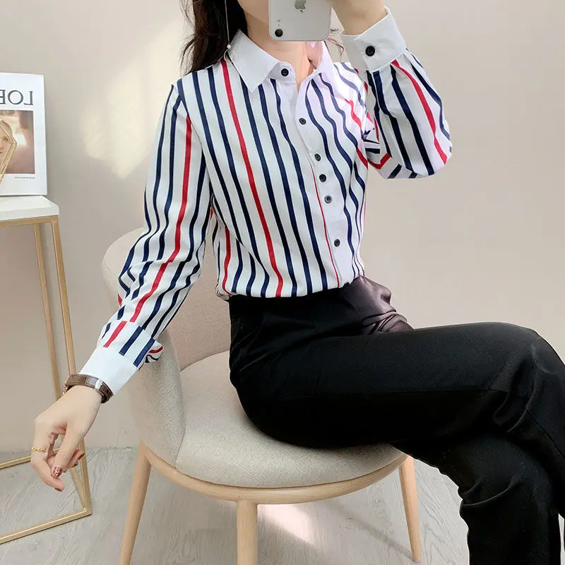 Fashion New 2023 Striped Long Sleeved Shirts Spring Summer Casual Thin Single Breasted Button Blouses Turn-down Collar Clothes