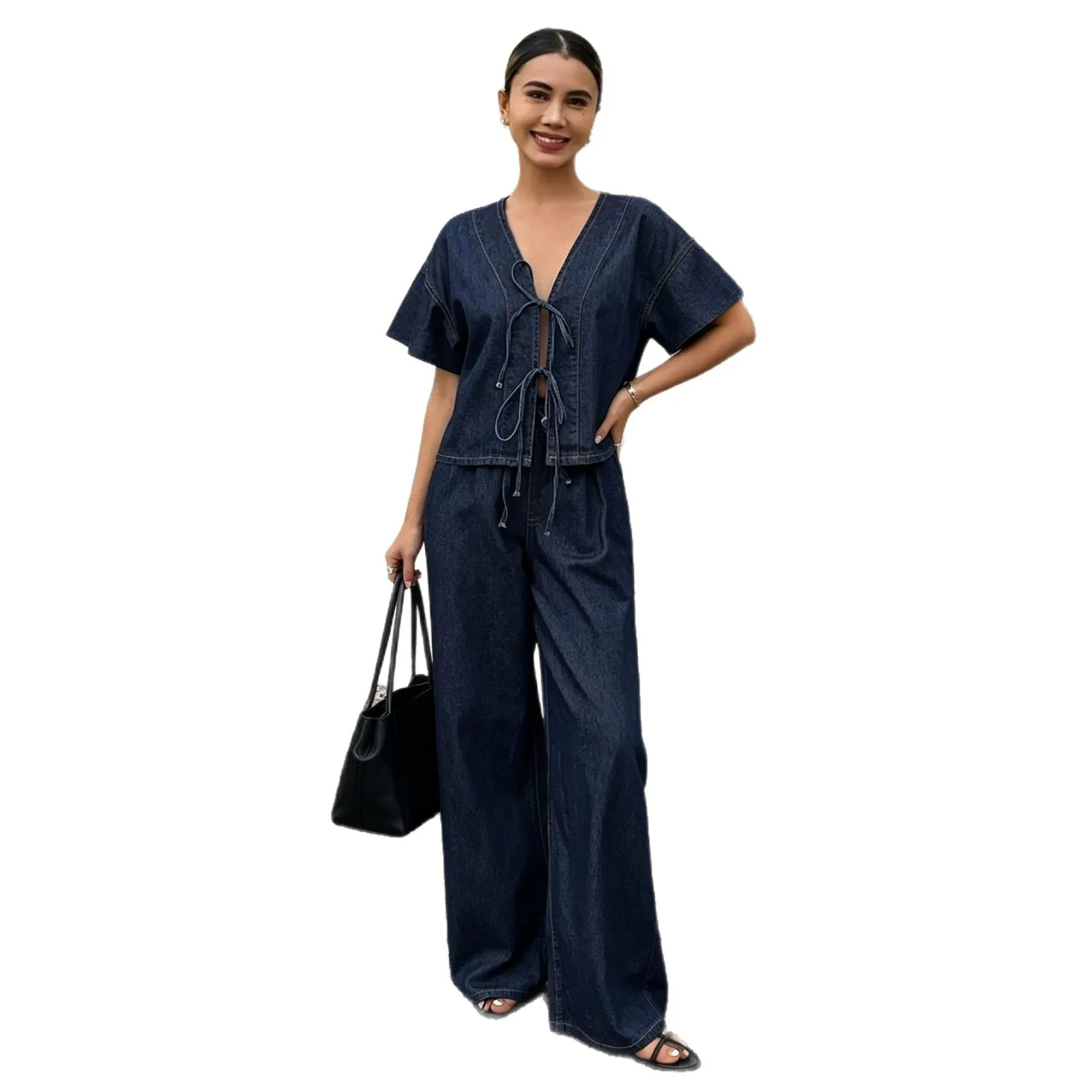 Tie Elastic Waist Set with Full Length Long Pants Open Front Short Sleeve Crop Top Washed European and American Style Women Sets