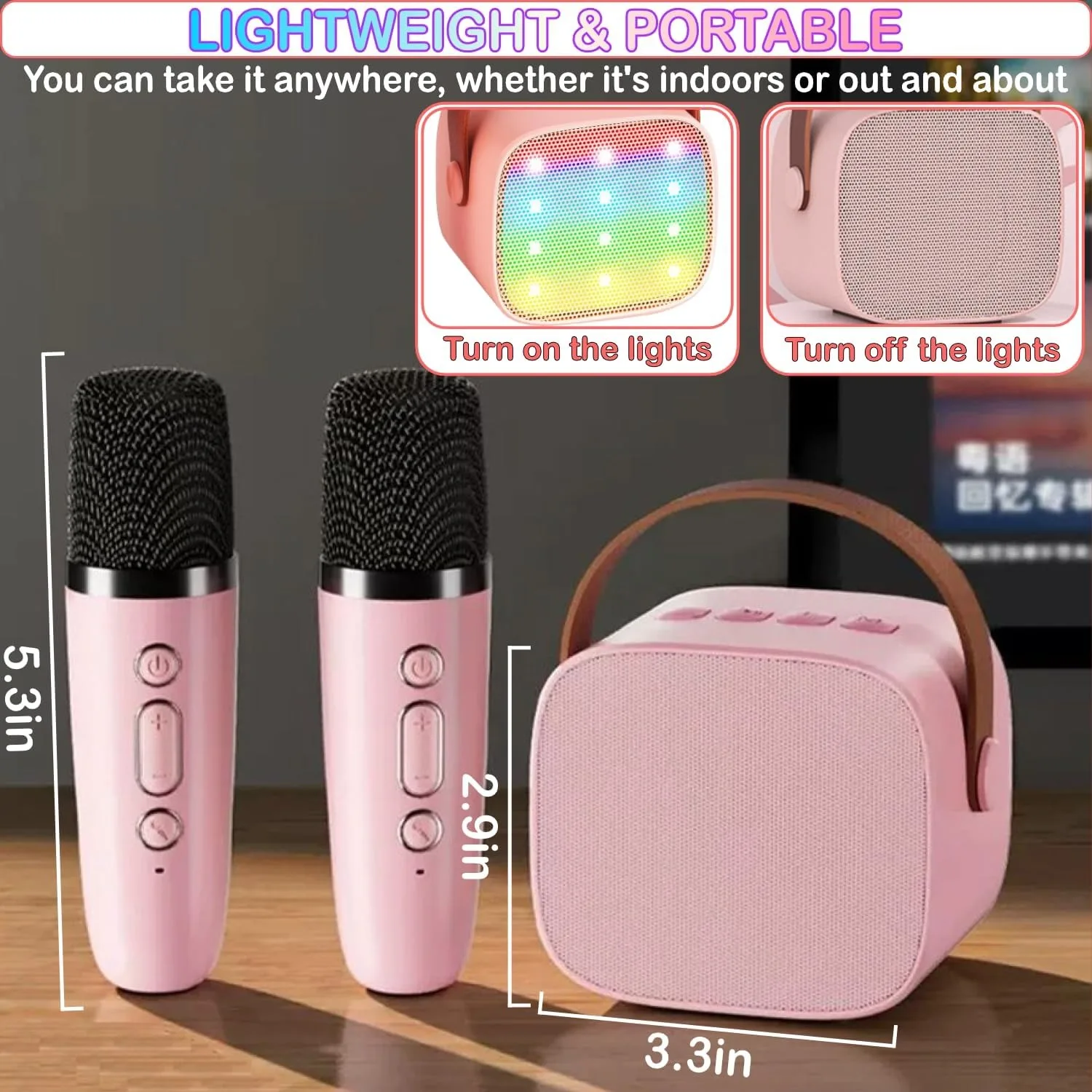 Mini-karaokemachine, Bluetooth-luidspreker met 2 draadloze microfoons en LED-verlichting, kerstverjaardagscadeaus voor meisjes, jongens, volwassenen