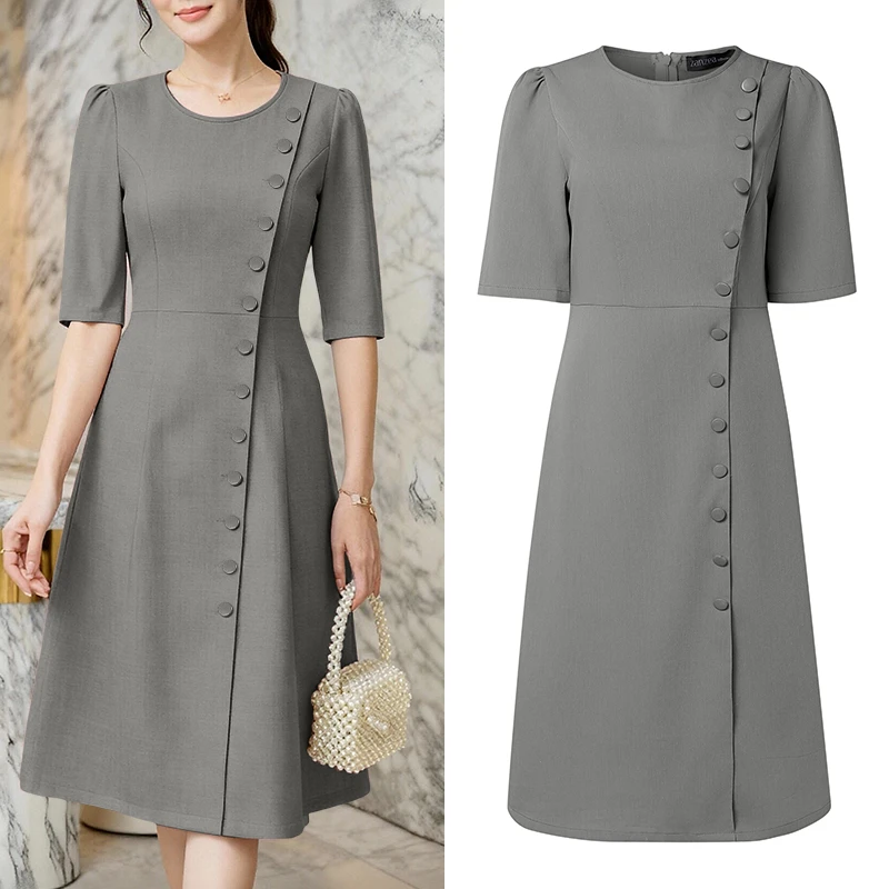 

Женское элегантное минималистичное платье миди с круглым вырезом и коротким рукавом, расклешенное, А-силуэт, ZANZEA 2026, летнее, однотонное, Robes Femme