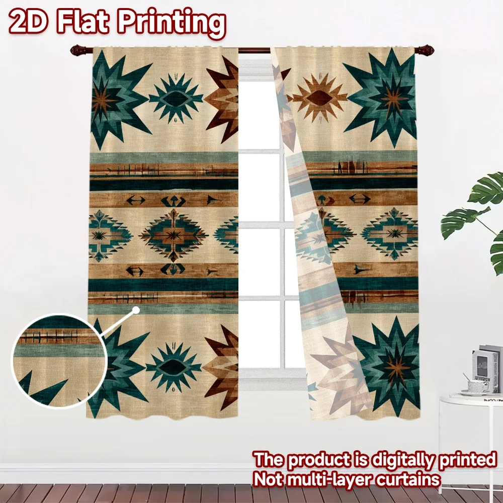 2D flat 2pcs Curtain Retro Country Style Southwestern Geometric Stars Digitally printed polyester, colorfast Festive Holiday