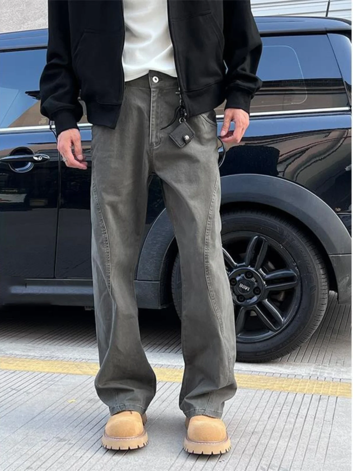 

American Retro Cleanfit Men's Cargo Pants Spring Autumn Loose Casual Versatile Denim Jeans Knife Wide Leg Zipper Decorated