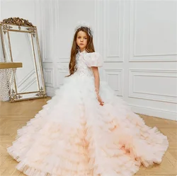 Flower Girl Dress Pink Layered Tulle Applique Lace Wedding Elegant Flower Child's First Eucharistic Birthday Party Dress