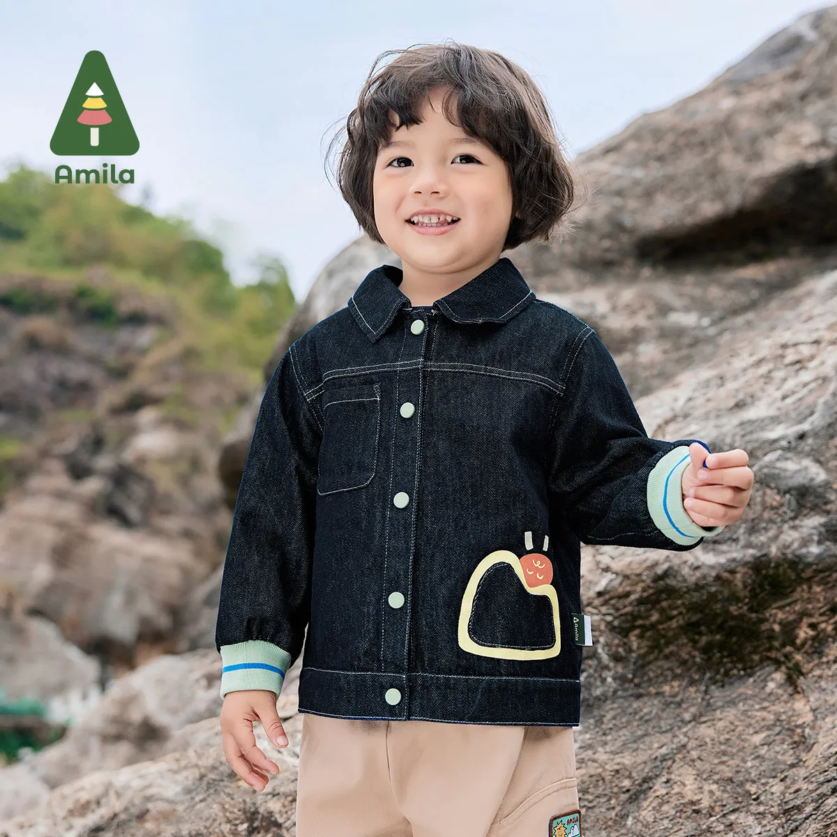 Amila Baby Denim Jacket 2024 Autumn New Boys And Girls Lapel Washed Breathable Threaded Pocket Warm Cartoon Children’s Jacket