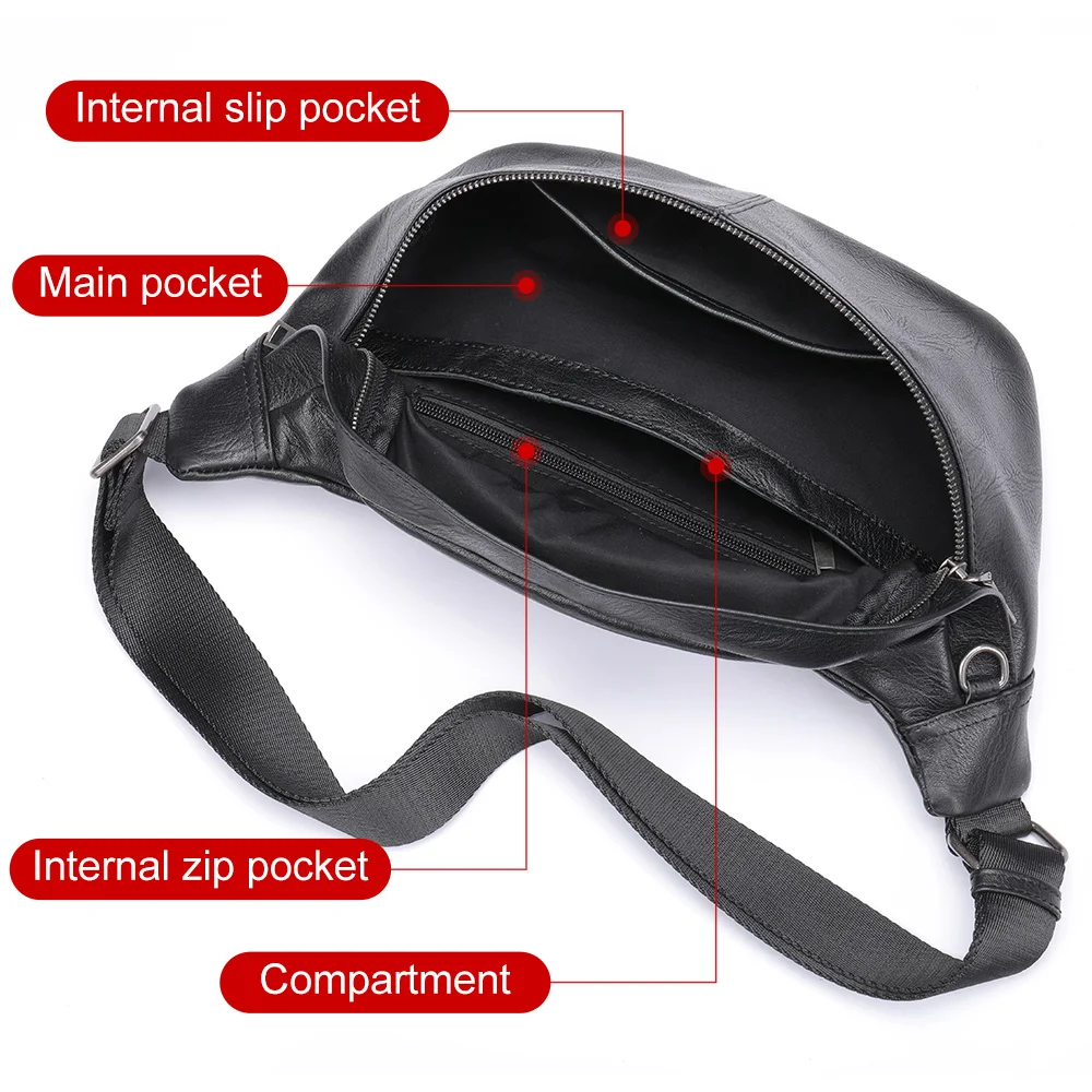 Men's Waist Bags Genuine Leather Fanny Pack Travel Hip Belt Pouch Male Chest Bags Sling Purse Side Bags Crossbody Balck