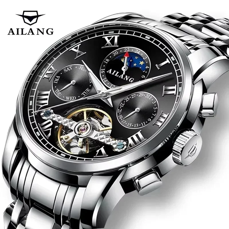 AILANG-8508 Starry Sky Stainless Steel Leather Watchband Rotating Double Second Hand WristWatch Men Automatic Mechanical Watch