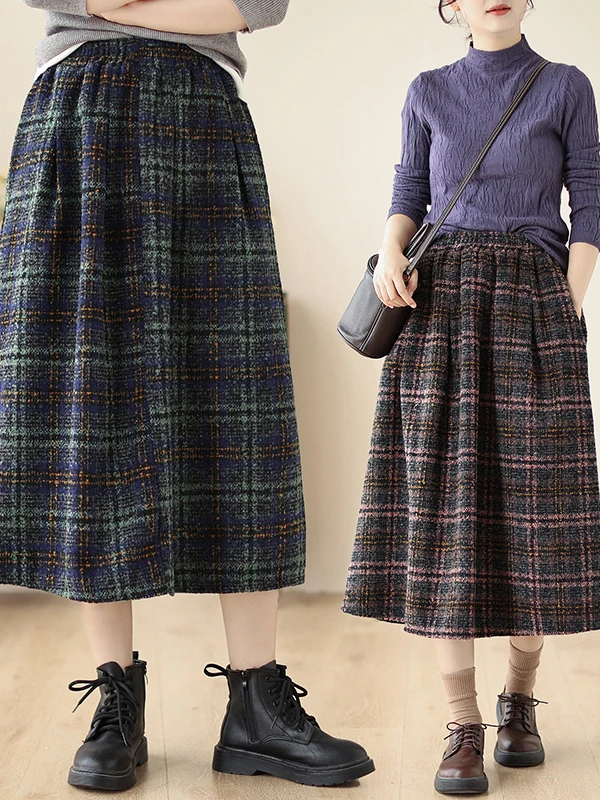 Authentic Autumn Winter Woolen Plaid Midi A-Line Skirt Warm Commute High Waist Cotton Tweed City Scenery Casual Loose Fit