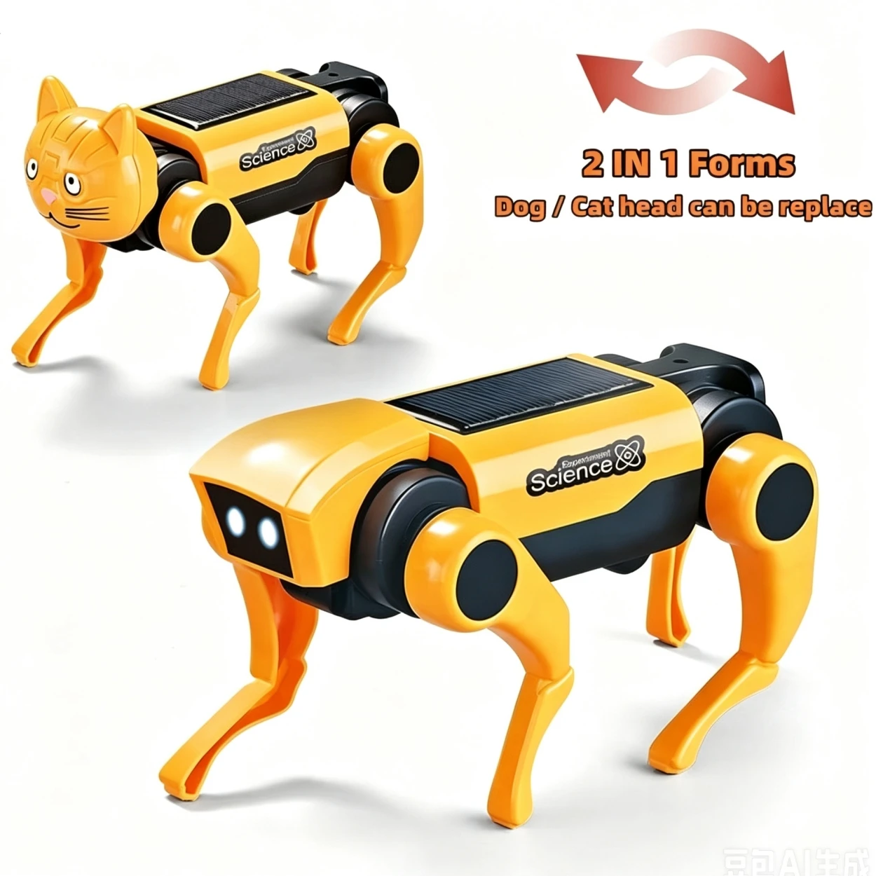 2IN1 Solar Robot Dog Replaceable Cat Head Science Experiment Boys Toys Solar Power DIY Assembly Electric Mechanical Dog Kids Toy