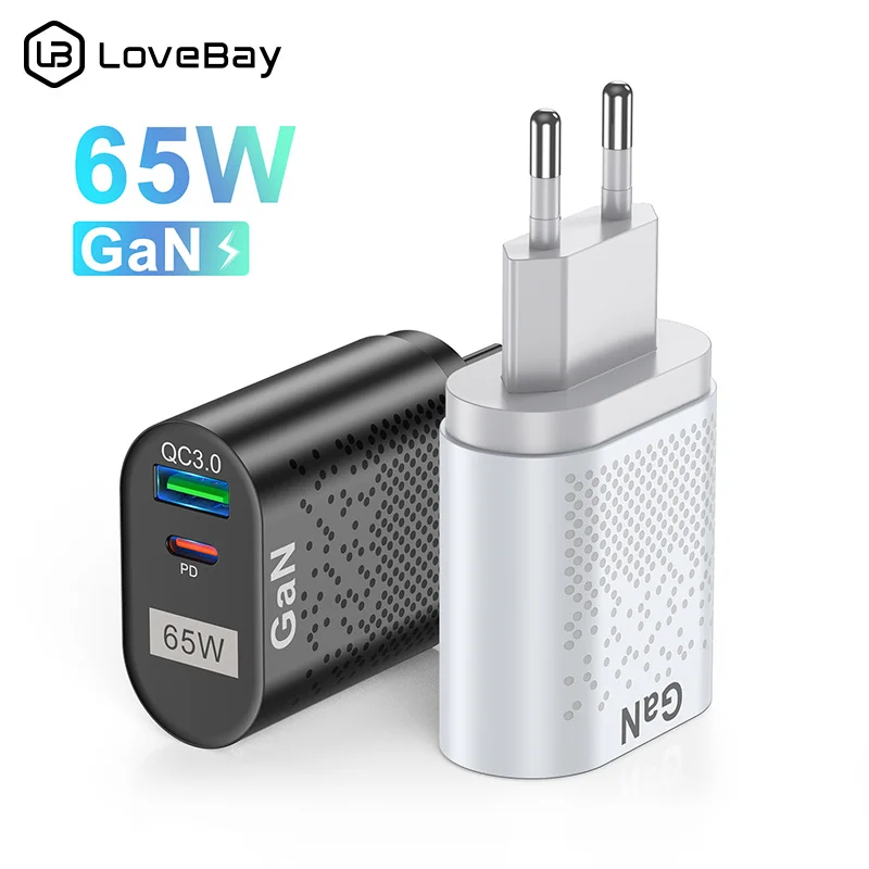 Lovebay Adaptador de parede de carregamento rápido, GaN Carregador, Tipo C, PD, USB, QC 4.0, QC 3.0, 65W, apto para iPhone 13, 14, Xiaomi 12, Samsung Galaxy, Macbook