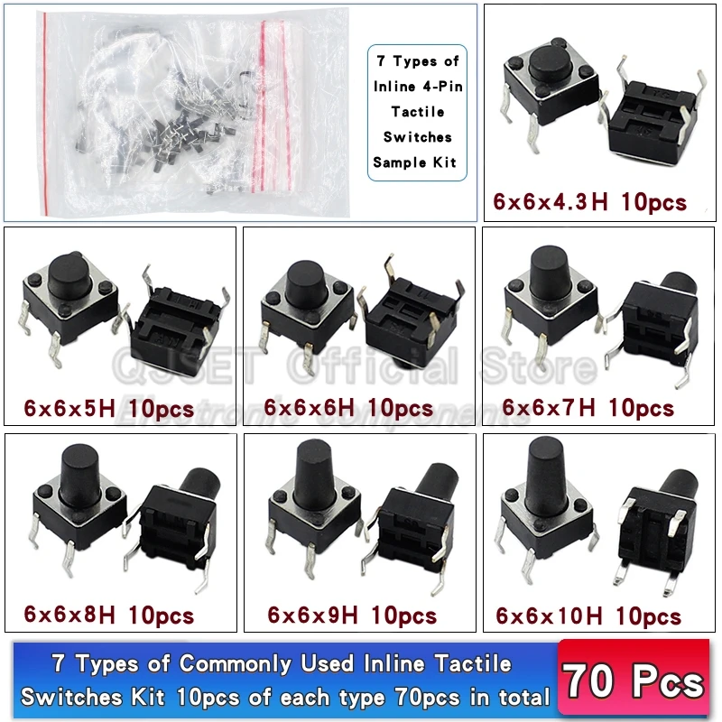 70/100 stücke 6*6 Schalter Taktile Druckschalter Kit Höhe: 4,3 5-13 MM DIP 4pin SMD Micro Schalter 6x6 Druckschalter Für Arduino – Detail 2