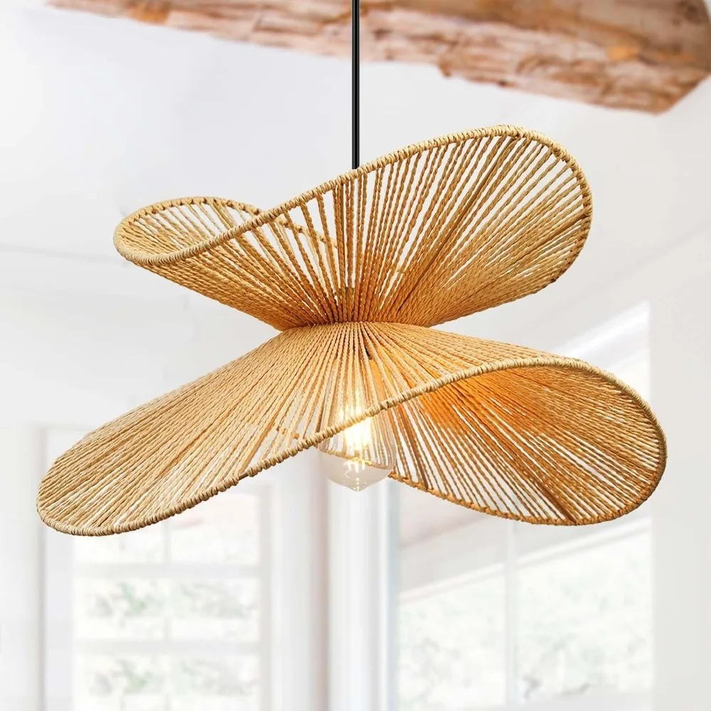 

JOYINLED Farmhouse Rattan Chandelier 45CM Double-Layer Hand-Woven Ceiling Chandeliers for Living Room Dining Room Home Lighting