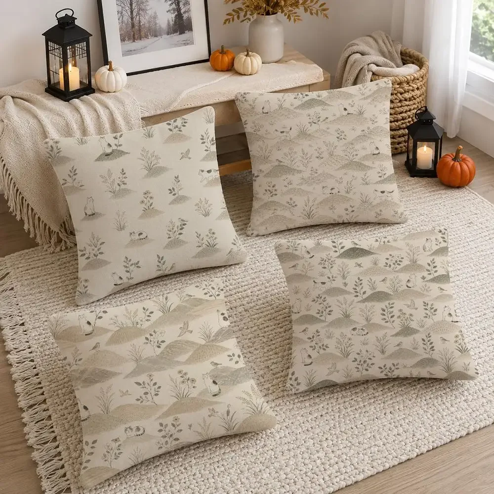 Pattern Japanese Natural Hand-drawn Cushion Cover Soft Fluffy Short Plush  Pillow Case Home Decor