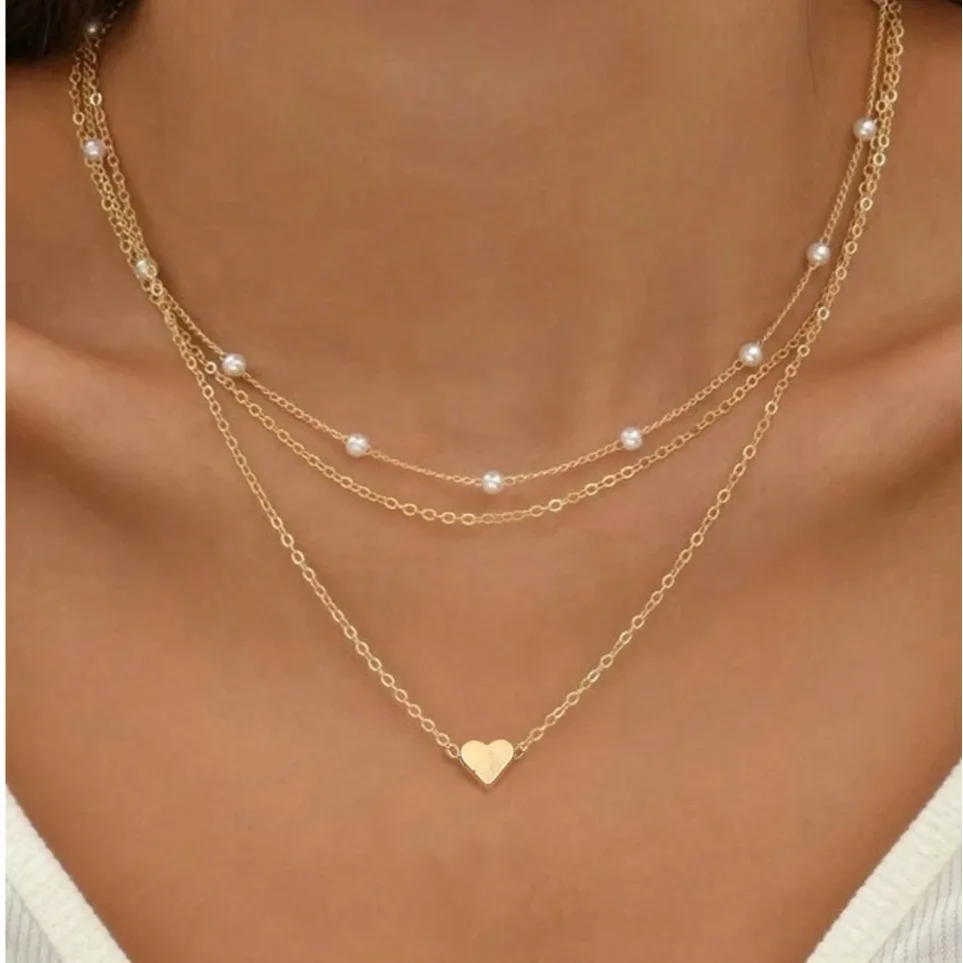 FTCY 3pcs Women\'s Pearl Necklace Set 14K Gold Fashion Love Heart Pendant Waterproof Hypoallergenic Collarbone Neck Chain Jewelry