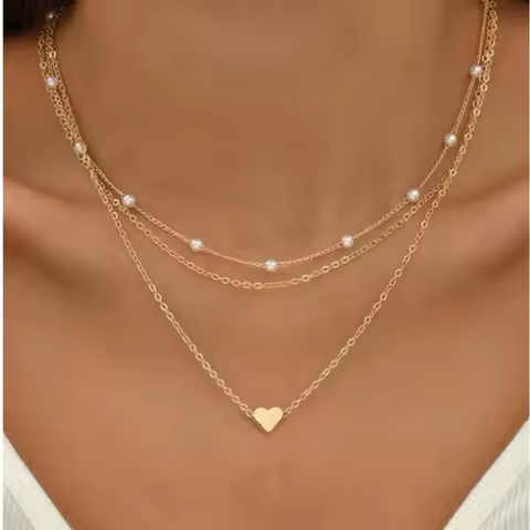 FTCY 3pcs Women's Pearl Necklace Set 14K Gold Fashion Love Heart Pendant Waterproof Hypoallergenic Collarbone Neck Chain Jewelry