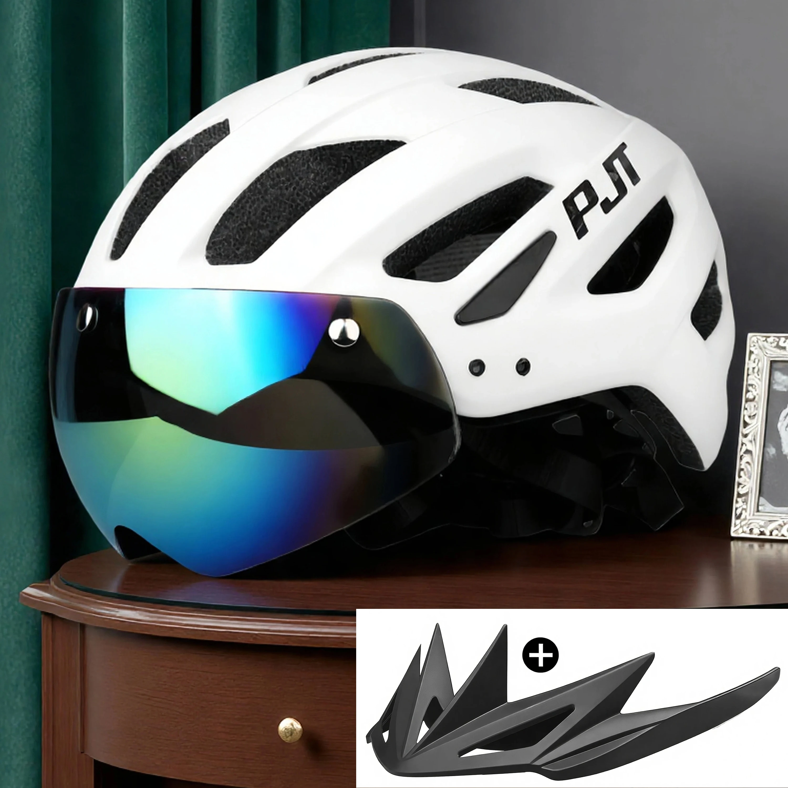 PJT Neuer Fahrradhelm mit Licht für Straße und MTB, Mountainbike-Brille / Sonnenschutz-Helm L für Männer und Frauen, Fahrradhelm mit Sonnenschutz