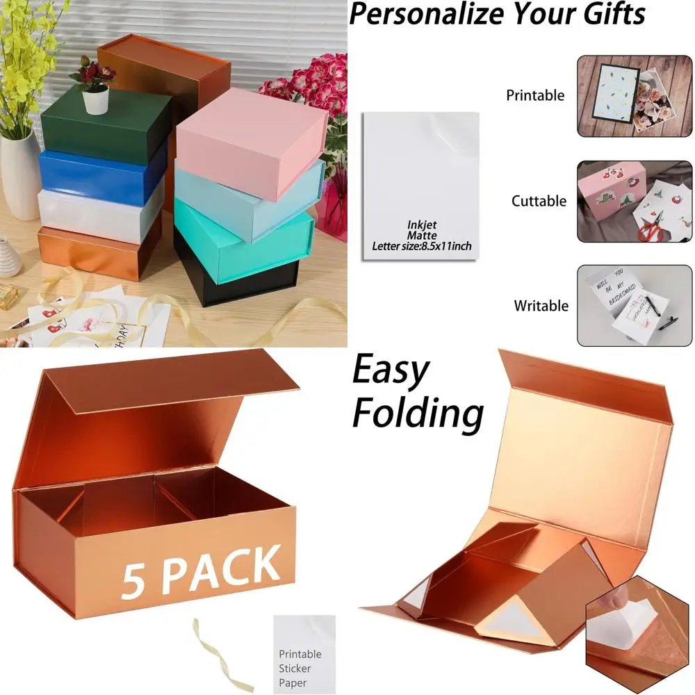 

Elegant Rose Gold Gift Box, 13x11x5.3, Large with Lid - Includes Ribbon & DIY Sticker Paper for Bridesmaid Proposals, Birthdays,