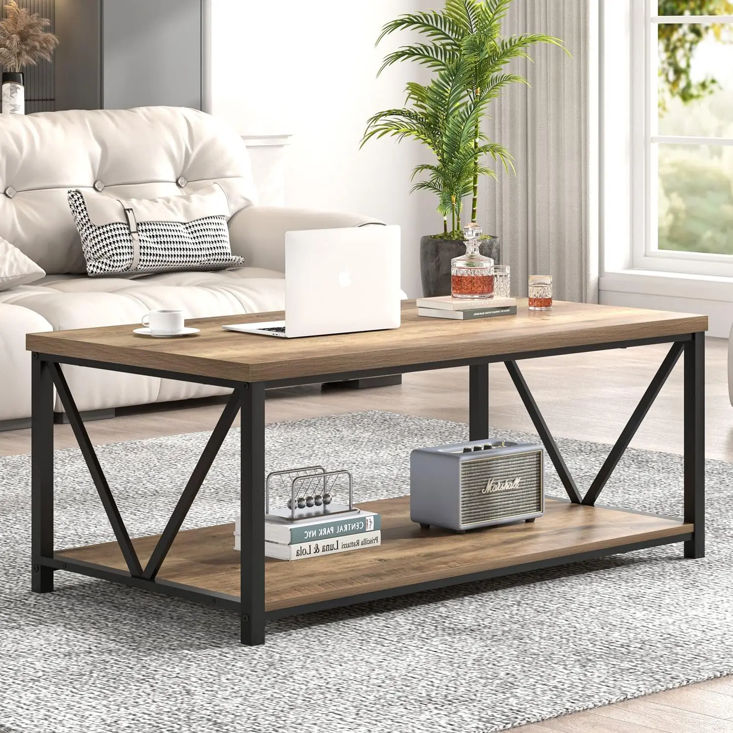Foluban Coffee Table With Storage Shelf, Modern Industrial Metal And Wood Living Room Table, Small Rectangle Cocktail Tea Table