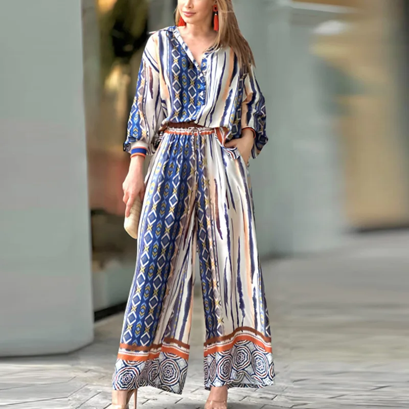 Women Printed Lapel Long Sleeve Straight Trouser Suit Spring