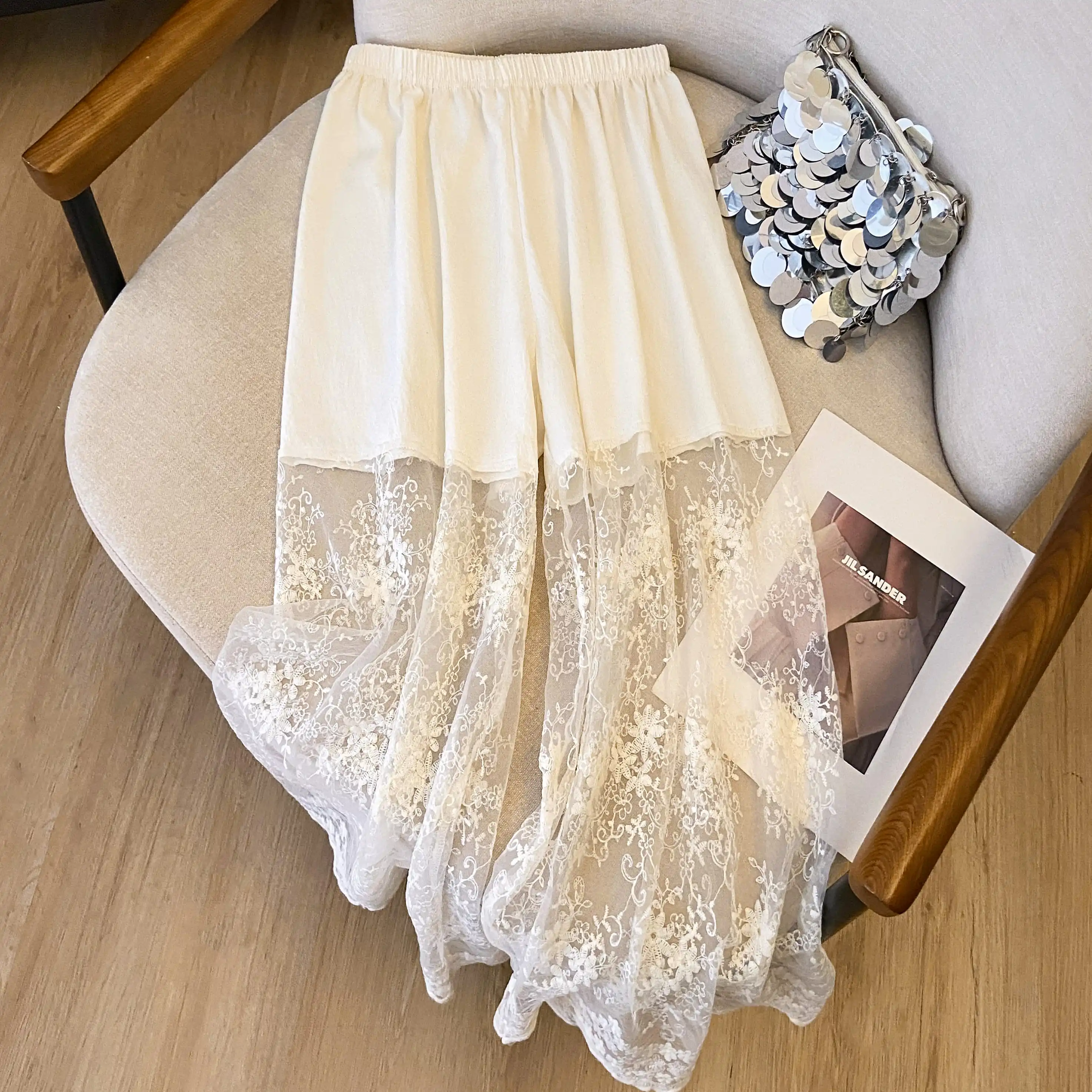 Elegant High-Waisted Wide-Leg Pants Underwear Lace Embroidery Mesh Trim Base Layer Trousers for Casual Wear Comfortable Fit