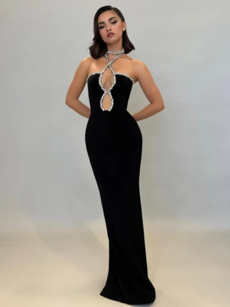 Black Color Women Sexy Halter Off the Shoulder Crystal Bodycon Long Bandage Dress Celebrate Evening Party Birthday Dress