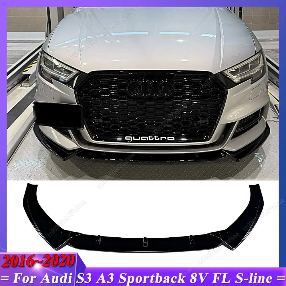 

Для Audi S3 A3 Sportback 8V FL S-line 2016–2020 ABS Черный комплект кузова Тюнинг 3 шт. Автомобильный передний бампер Губный спойлер Сплиттер Диффузор