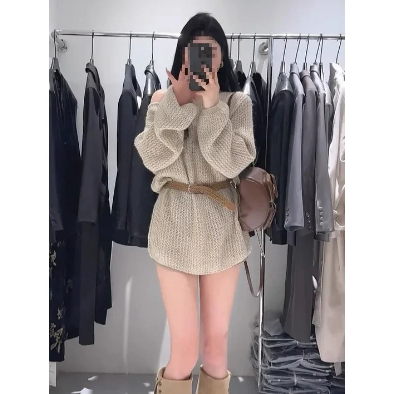 

Женский вязаный свитер Laid-back с открытыми плечами, осень-зима, длинный удобный топ с открытыми плечами, закрывающий талию