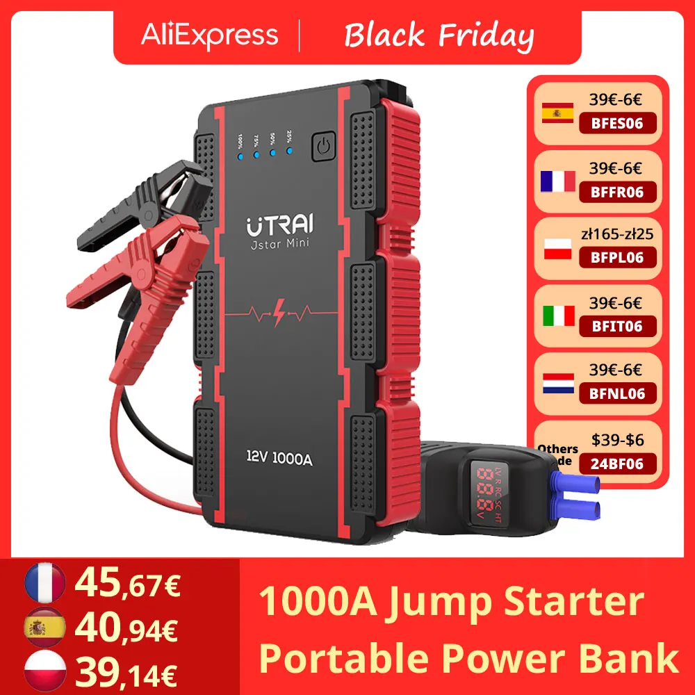 UTRAI Car Jump Starter Power Bank 1000A Car Battery Starter Car Emergency Booster Starting Device For 5.0L Gas / 3.0L Diesel Car