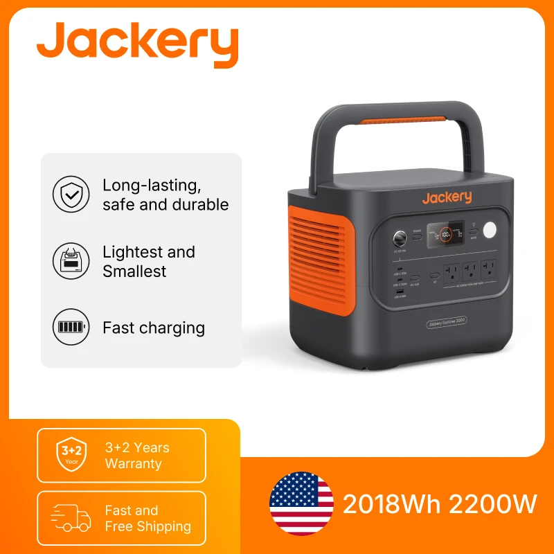 Jackery Explorer 2000 Portable Power Station, 2200W Output, 2018Wh LiFePO₄ Capacity, 5-Year Warranty