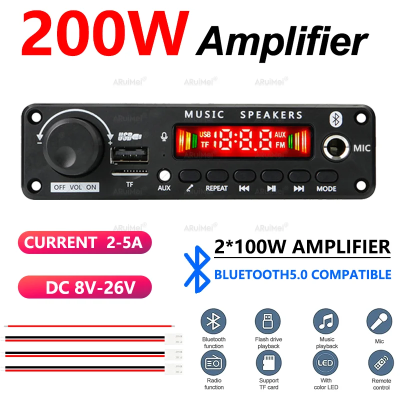 200W Bluetooth 5.0 Amplifier Board 2x100W Stereo Audio Power Amp USB TF FM AUX Mic Karaoke DC 8V-26V Car Home DIY Speaker