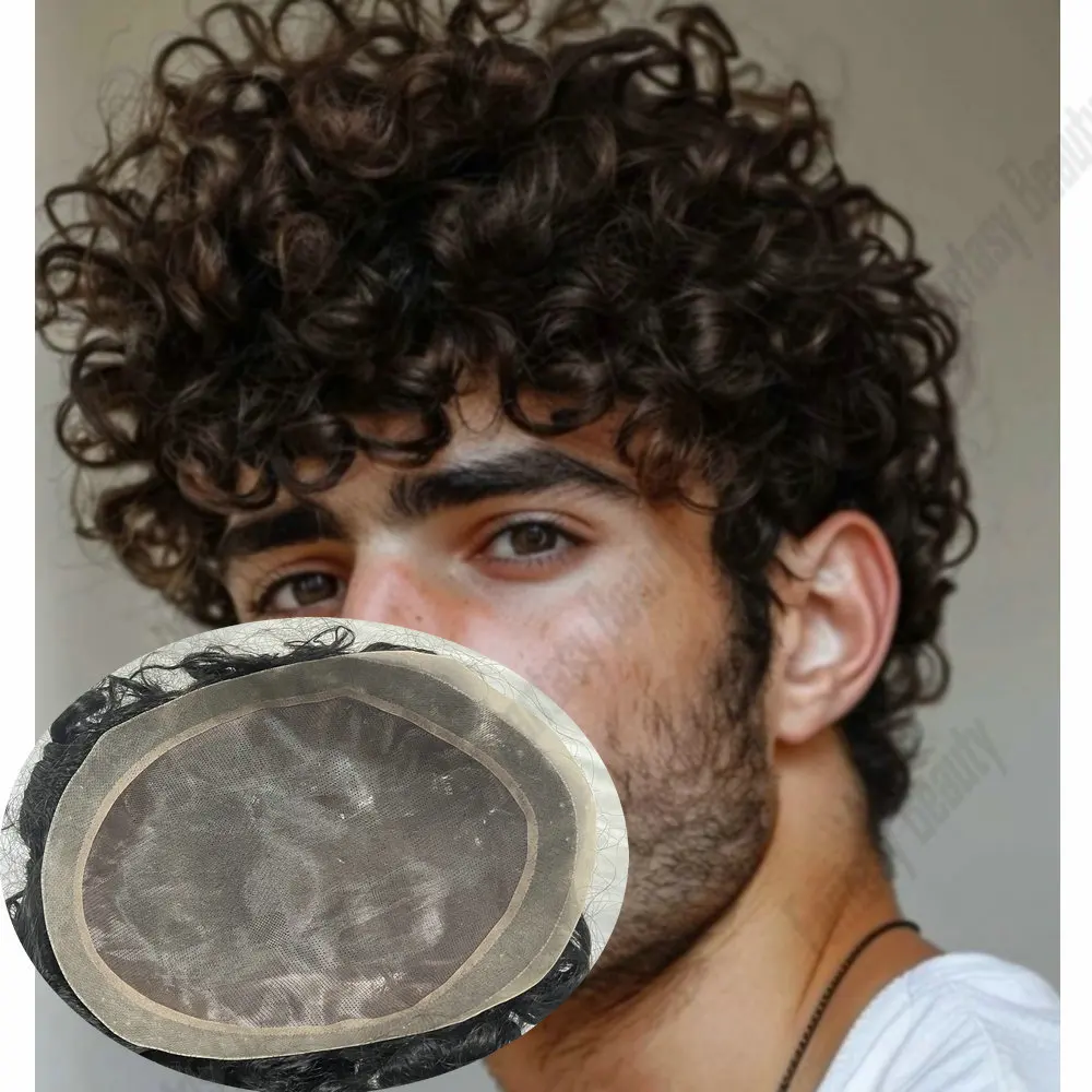 18mm/15mm/20mm Curly Men Toupee Durable Monofilament PU Skin Base Human Hair Wigs Breathable Man Hairpiece Replacement Prothesis