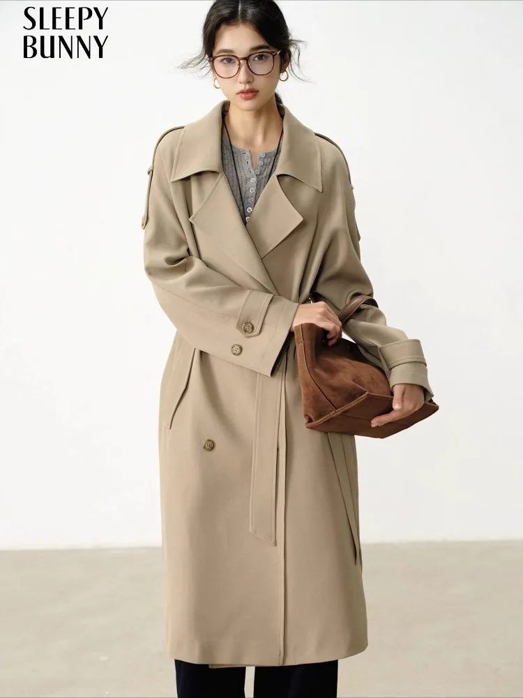 

Women Trench Coat Vintage Double Breasted Long Jacket Lapel Autumn Elegant Outerwear Versatile Slimming Windbreaker Office Wear