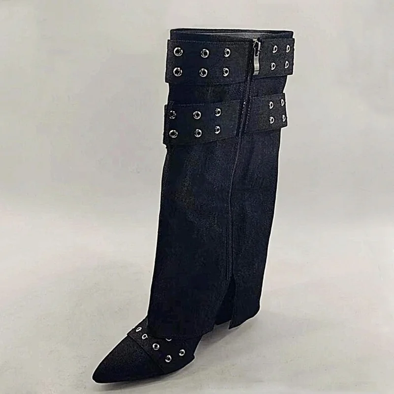 

2024 Fashion New Denim Buckle Fashion Short Sleeve Boots High Wedge Heel Mid Calf Half Boots Women's Pointed Toe Shoes