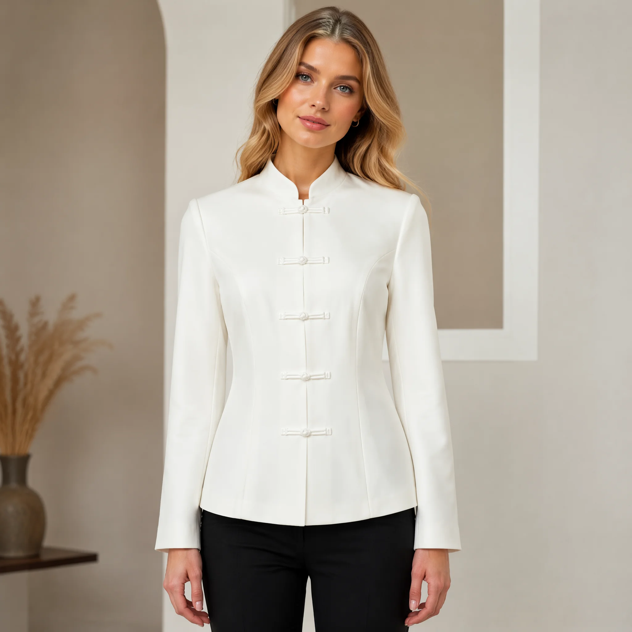 RU 2026 Women Frog Button Jacket Slim Tailored Long Sleeve Oriental Minimalist Elegant Daily Commuter Outerwear