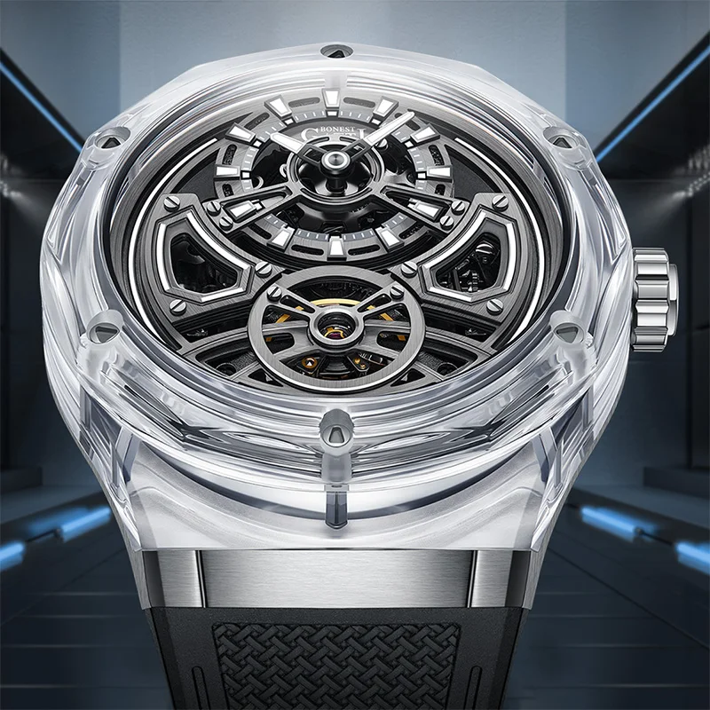 BONEST GATTI Men's Watch New Model Transparent Crystal Case Automatic Mechanical Wristwatch High-End Luxury Rubber Strap sport