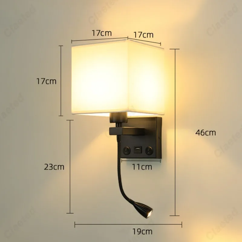 스위치 벽 조명 LED 원단 전등갓 E27, USB 충전 포트, 각도 조절 가능 스포트라이트, 침실 침대 옆 독서등