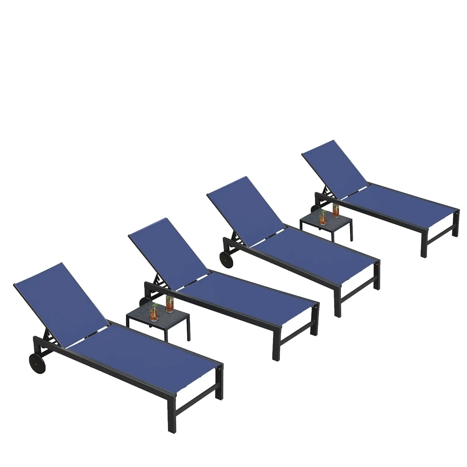 

Комплект из 4 алюминиевых шезлонгов для улицы с колесами, 5-позиционный регулируемый шезлонг, приставной столик, для патио, бассейна, пляжа, двора, на заказ
