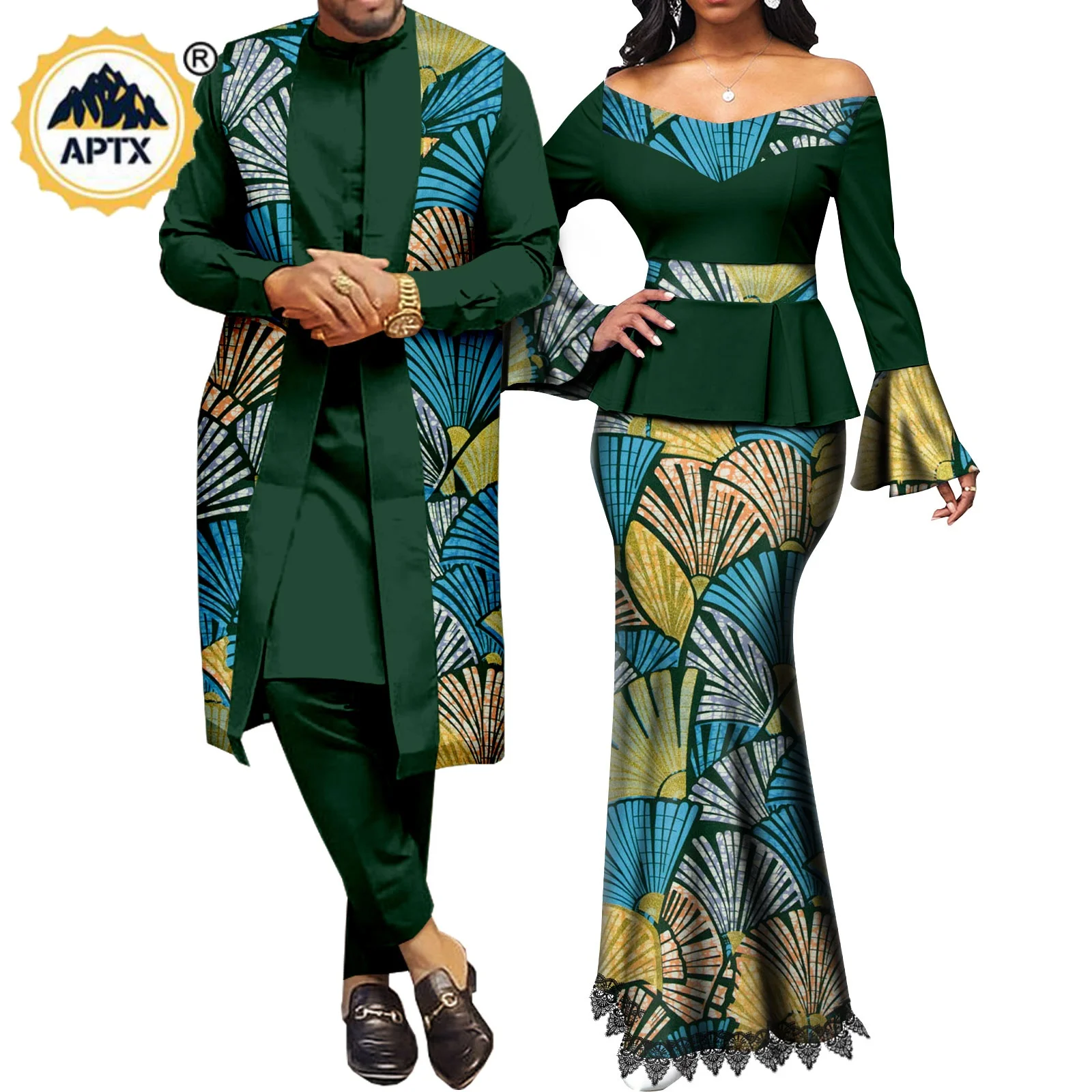 Vestiti africani per le coppie abiti coordinati Metallic Women Print Top in pizzo e gonna a sirena set Dashiki Men Outwear Y22C041